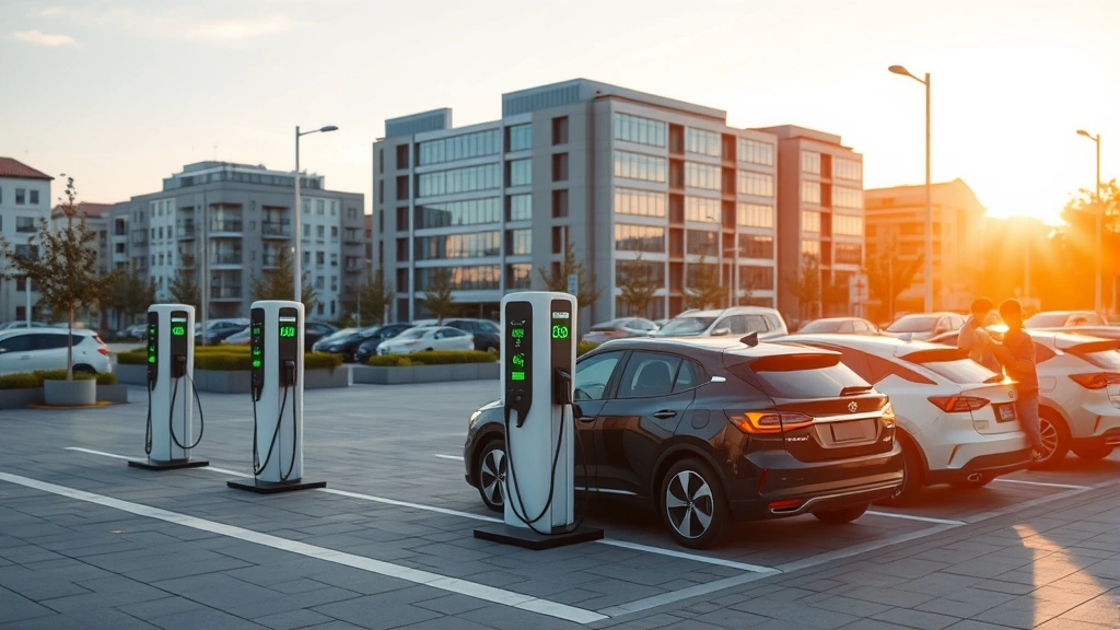Modern electric vehicle charging network with multiple stations in contemporary urban plaza at golden hour