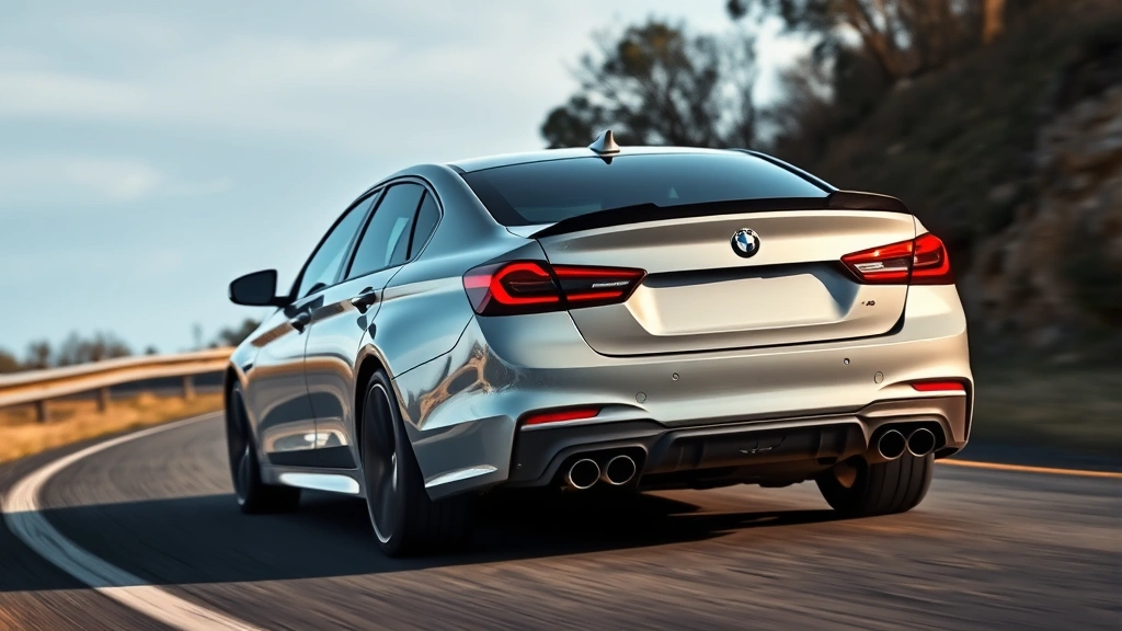 Rear three-quarter view of performance sedan on winding road, showcasing aggressive stance, sport suspension, and refined proportions, motion photography
