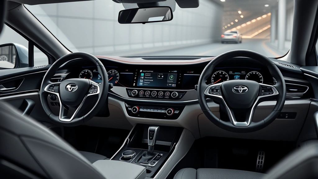 Interior dashboard and technology interface of modern vehicle showing infotainment system and safety features, high-quality product photography style, automotive detail focus