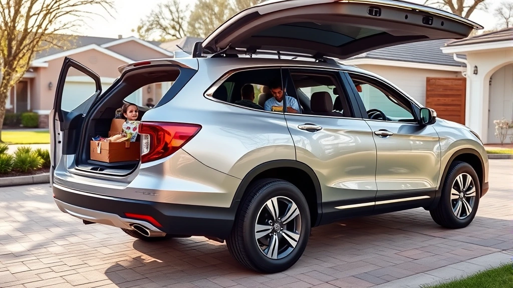 Silver Honda Pilot three-row SUV on a suburban driveway with family loading cargo, practical family vehicle showcase with natural daylight