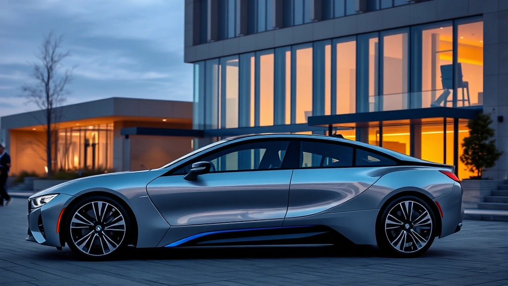 Luxurious BMW i7 all-electric flagship sedan parked in front of contemporary architecture, premium materials and refined design visible, evening ambient lighting