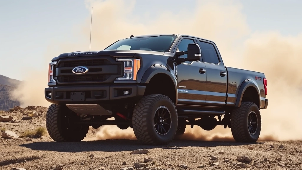 Full-size pickup truck with off-road capability, lifted suspension, aggressive tires, rugged terrain background, dust cloud, adventurous scene