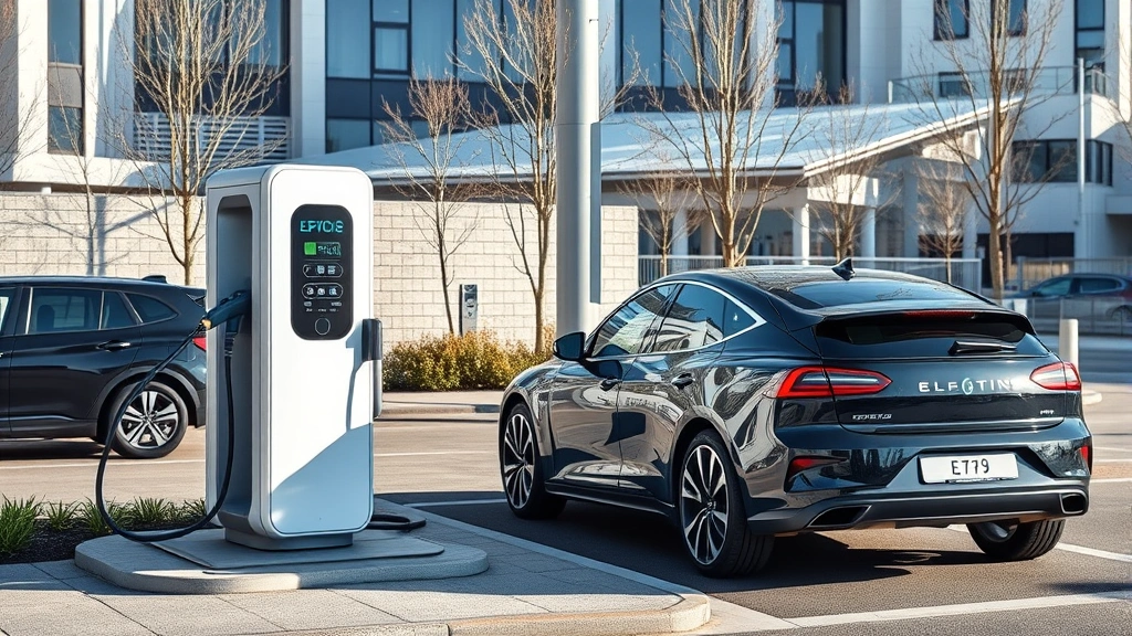 Electric vehicle charging at modern public charging station, sleek EV design, contemporary urban setting, clean aesthetic, daylight