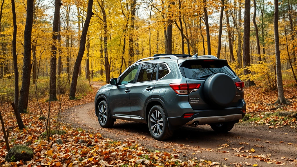 Family crossover SUV navigating wooded trail with autumn foliage, all-wheel drive capability demonstrated through terrain, confident driving position, natural lighting highlighting vehicle proportions