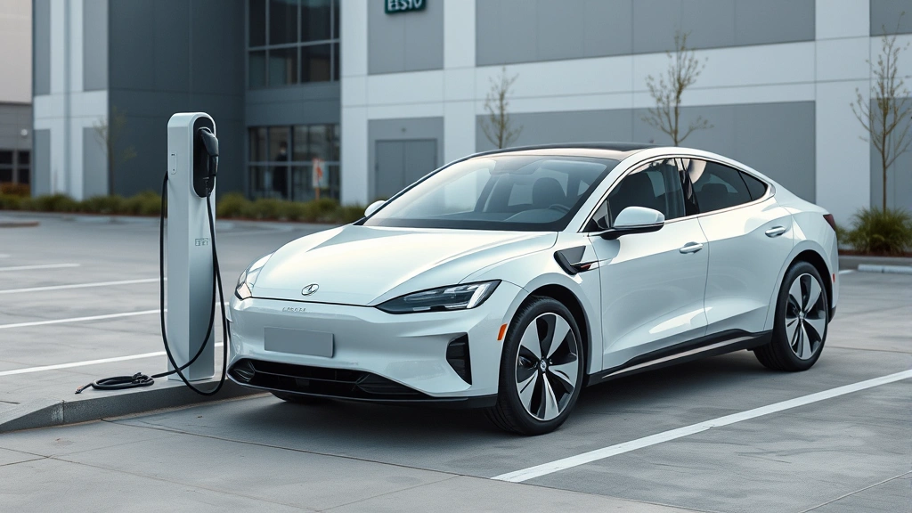 Electric sedan charging station interaction, minimalist charging cable connection, modern parking lot setting, clean contemporary design, daytime photography, vehicle front three-quarter perspective, futuristic aesthetic elements