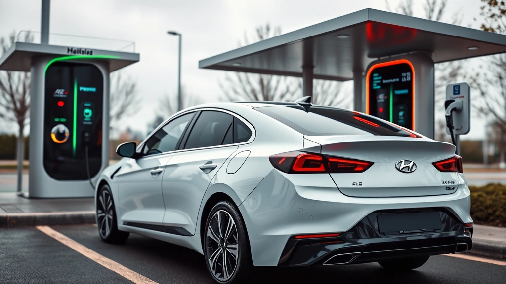 Electric sedan Hyundai Ioniq 6 charging at public DC fast-charging station, futuristic design profile, sleek aerodynamic lines, modern charging infrastructure visible, overcast daylight