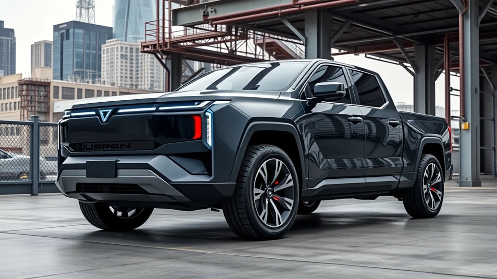 Electric pickup truck with modern design language, futuristic proportions, LED lighting elements, positioned in industrial urban environment with contemporary architecture, overcast daylight, professional automotive photography style