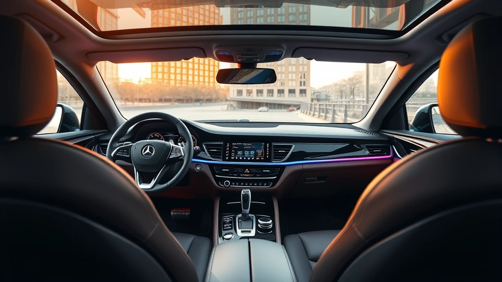 Luxury sedan interior dashboard with advanced touchscreen display, premium leather seats, ambient lighting, high-end automotive cabin