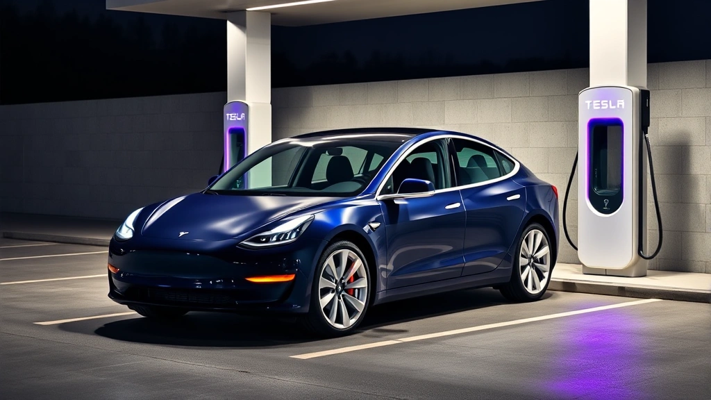 Tesla Model 3 electric sedan in midnight blue parked at modern charging station with minimalist design, clean automotive photography