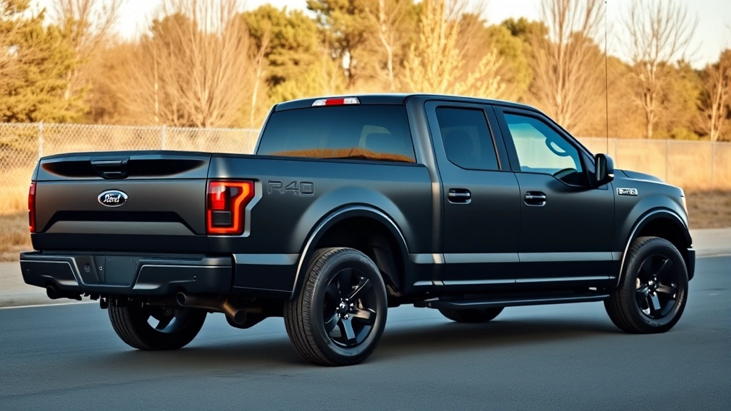 Ford F-150 Lightning electric pickup truck in matte black, side profile showcasing truck bed and modern proportions, outdoor setting with natural daylight