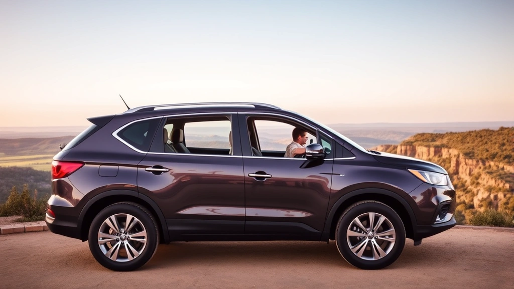 Family SUV parked at scenic overlook, three-row seating visible through windows, modern alloy wheels, contemporary automotive design aesthetic