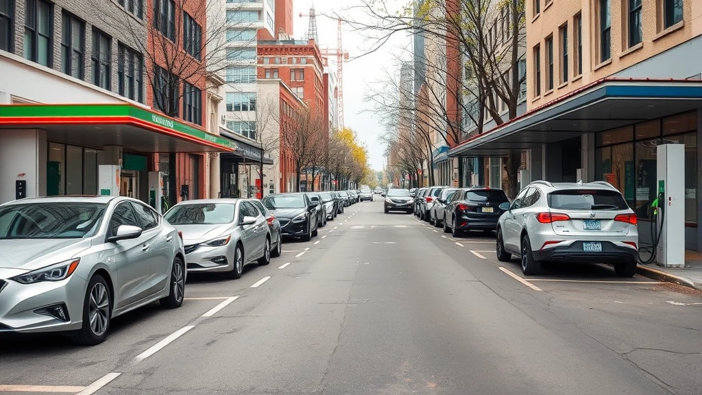 Urban city street with hybrid sedans and electric vehicles parked alongside traditional gas stations and charging stations