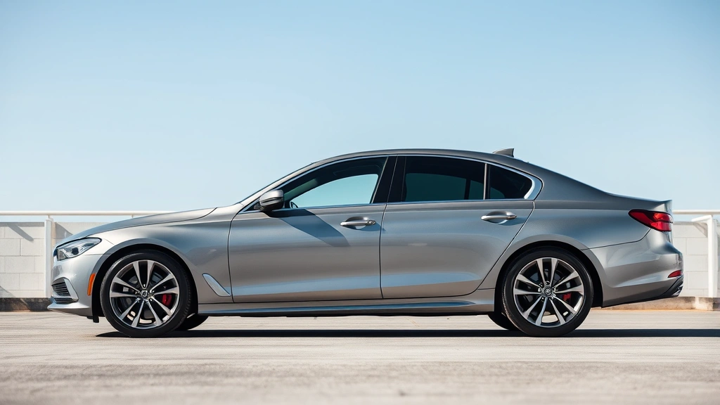 Side profile view of metallic sedan parked in contemporary setting, demonstrating smooth body lines and elegant proportions, clear skies background, professional automotive photography with shallow depth of field