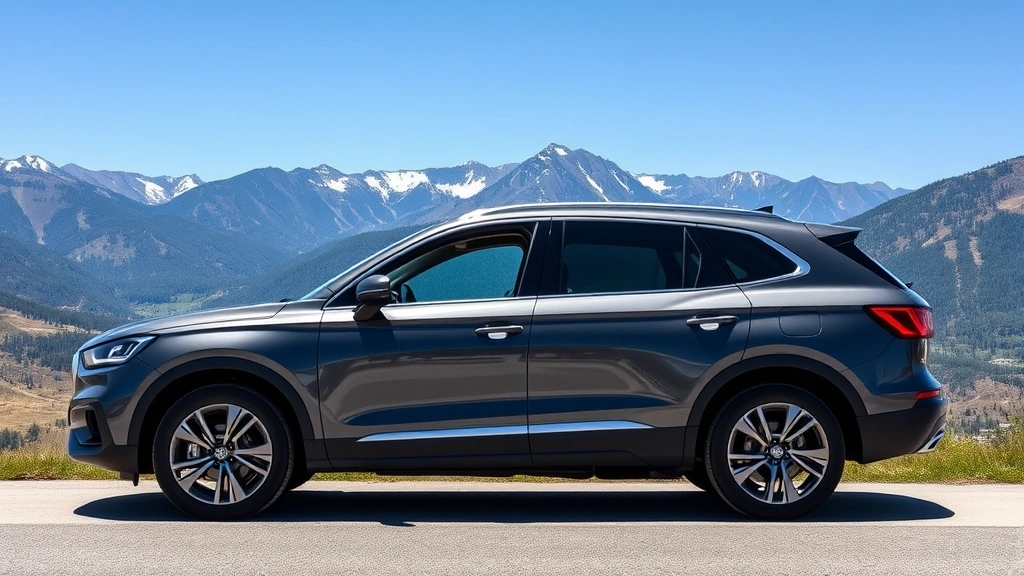 Three-row family crossover SUV photographed from three-quarter angle, mountain scenery background, clear blue sky, premium finish