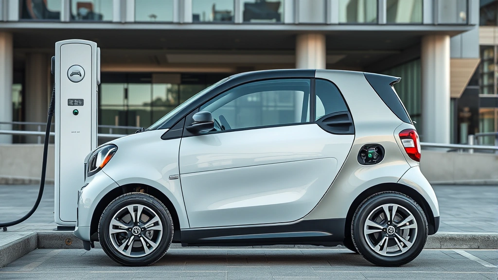 Compact electric vehicle parked at fast-charging station with charging cable connected, modern urban environment, contemporary architecture background, natural daylight, clean professional photography