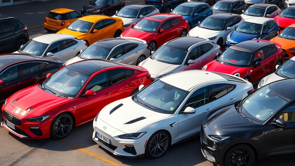 Multiple 2024 car models parked together displaying different segments and styles, diverse automotive lineup, natural daylight, professional photography