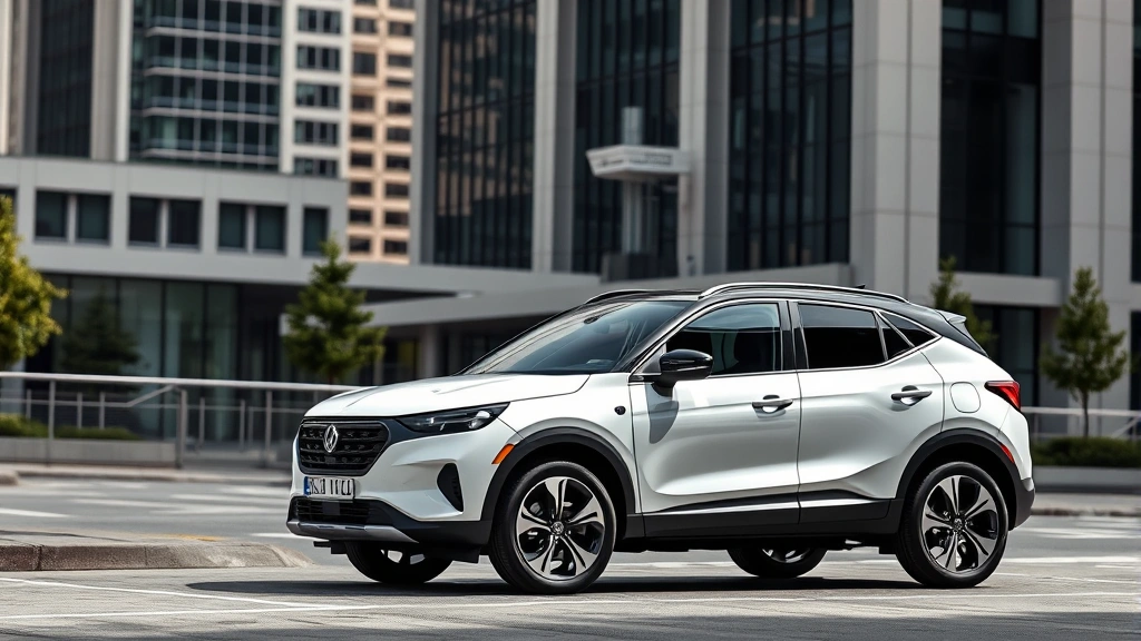 Compact crossover parked urban environment, modern city architecture background, contemporary design lines, natural daylight, professional automotive styling