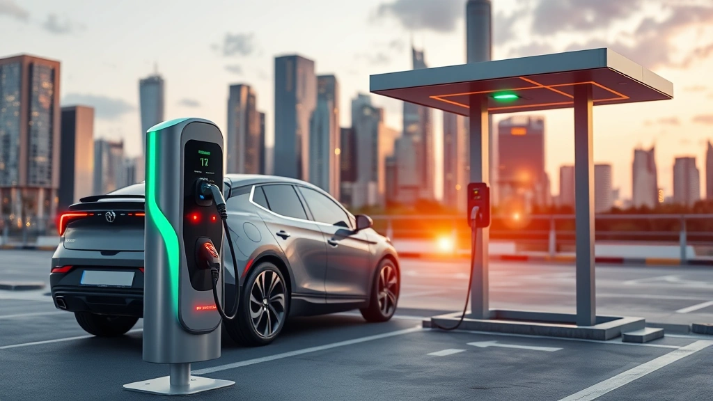 Electric vehicle charging at modern charging station with urban skyline background, futuristic design, daytime photography