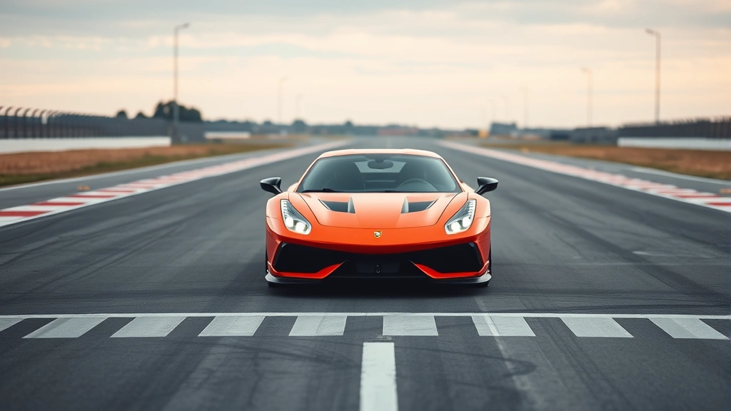 Performance sports car photographed from three-quarter front angle on empty test track with professional lighting, no license plate visible, professional automotive photography