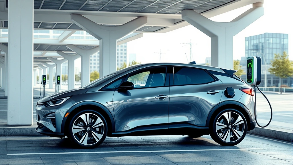 Electric vehicle charging at modern station, sleek EV design, contemporary urban setting, clean minimalist composition, bright daylight, futuristic infrastructure