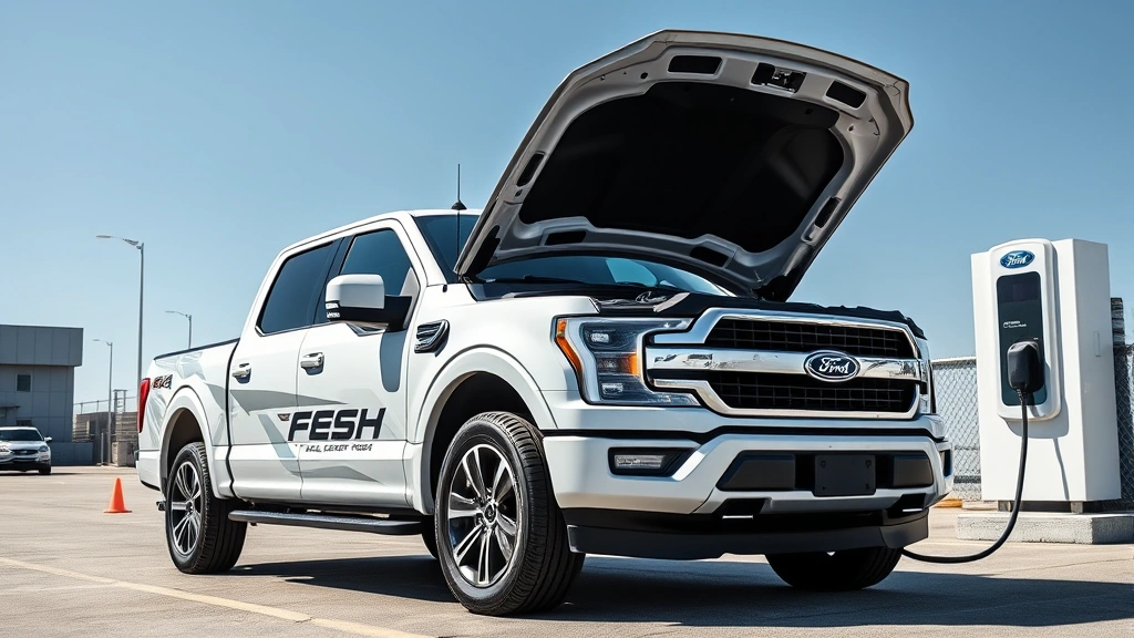 Electric Ford F-150 Lightning truck with megafrunk open displaying front storage compartment, charging cable connected, modern charging station in industrial setting with clear sky