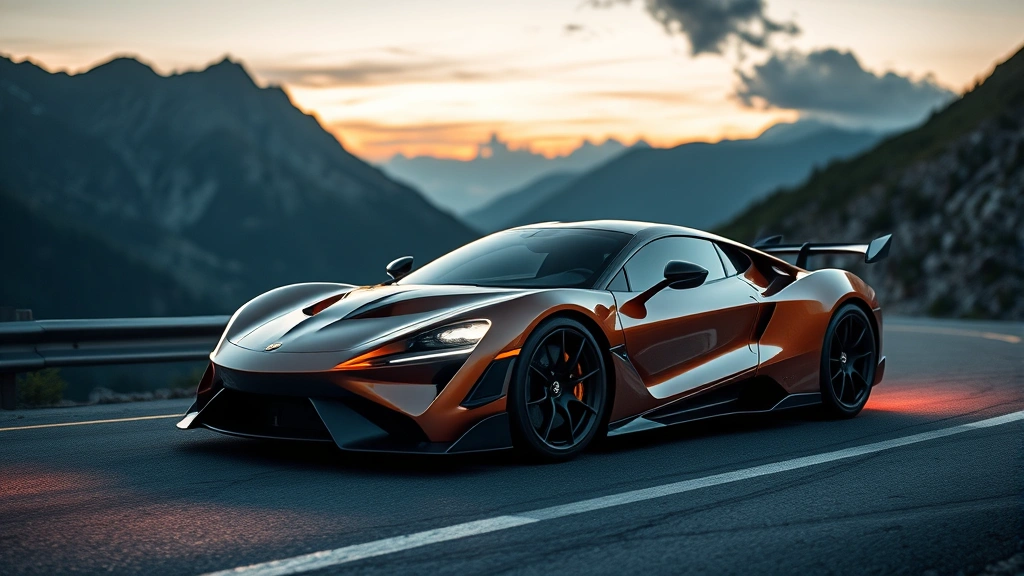 High-performance sports car on mountain road with dynamic cornering, dramatic lighting highlighting aggressive styling and aerodynamic features