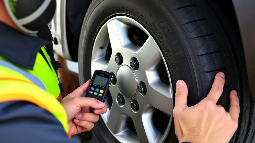 Driver checking tire pressure with digital gauge on vehicle wheel, proper positioning and measurement technique demonstrated clearly