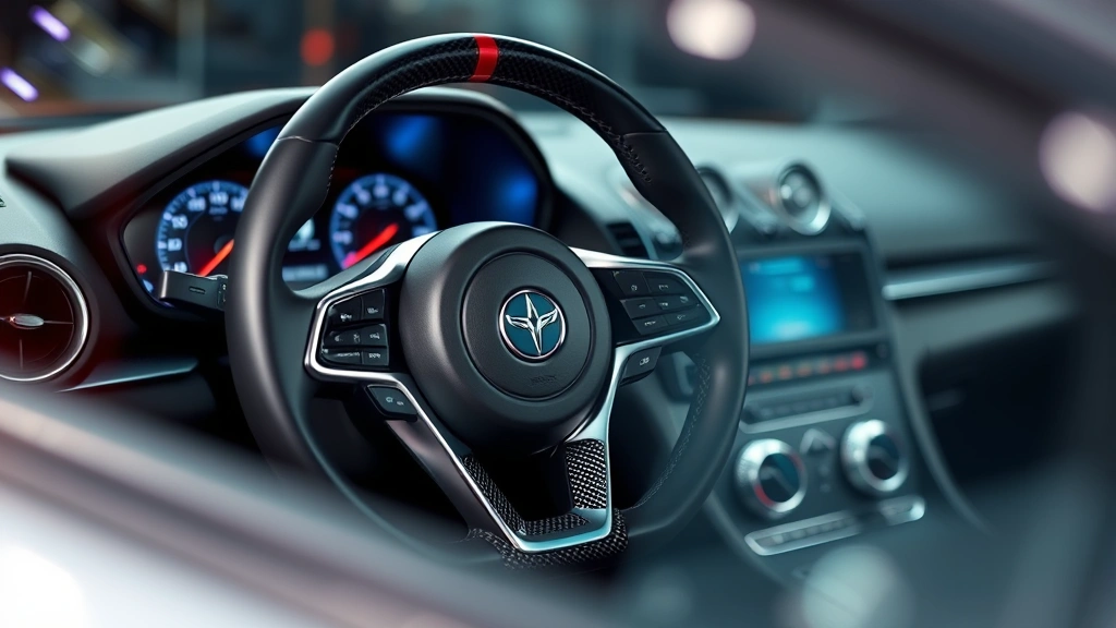 Luxury performance vehicle interior detail showing premium leather steering wheel, carbon fiber trim, digital instrument cluster, ambient lighting, soft focus dashboard background, professional automotive interior photography