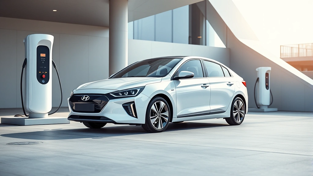 Futuristic white Hyundai Ioniq 6 electric sedan at modern charging station, clean minimalist design, contemporary architecture background, bright daylight professional automotive photography