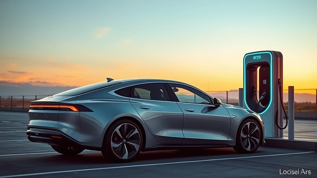 Lucid Air electric sedan charging at DC fast charging station, futuristic design, sleek profile, modern charging infrastructure visible, sunset lighting