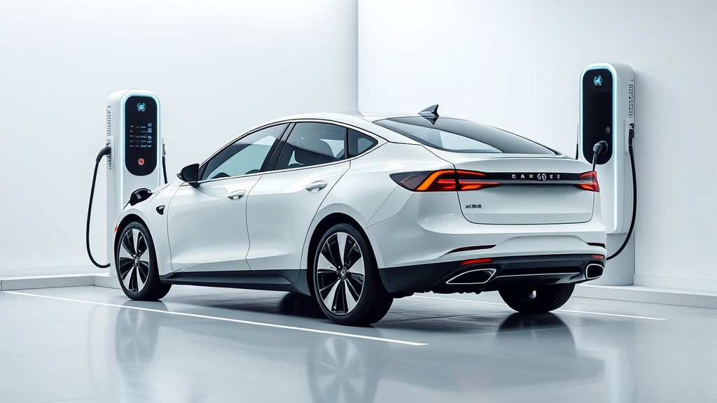 Modern white electric sedan charging at futuristic charging station, contemporary design, clean minimalist background, advanced automotive technology showcase