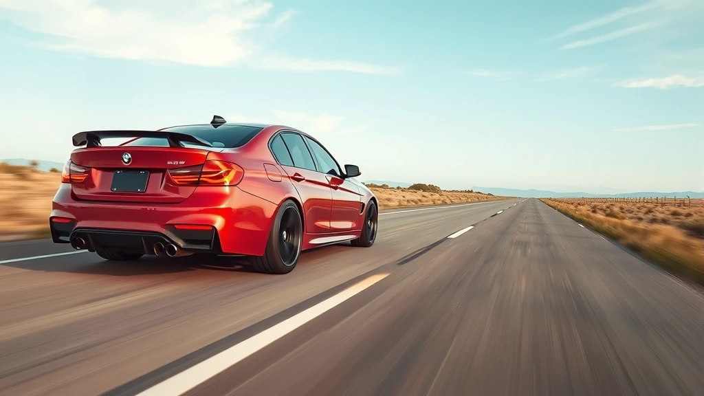 High-performance sedan accelerating on open road with motion blur background, dynamic driving angle showing aggressive stance and responsive suspension, professional motorsport photography