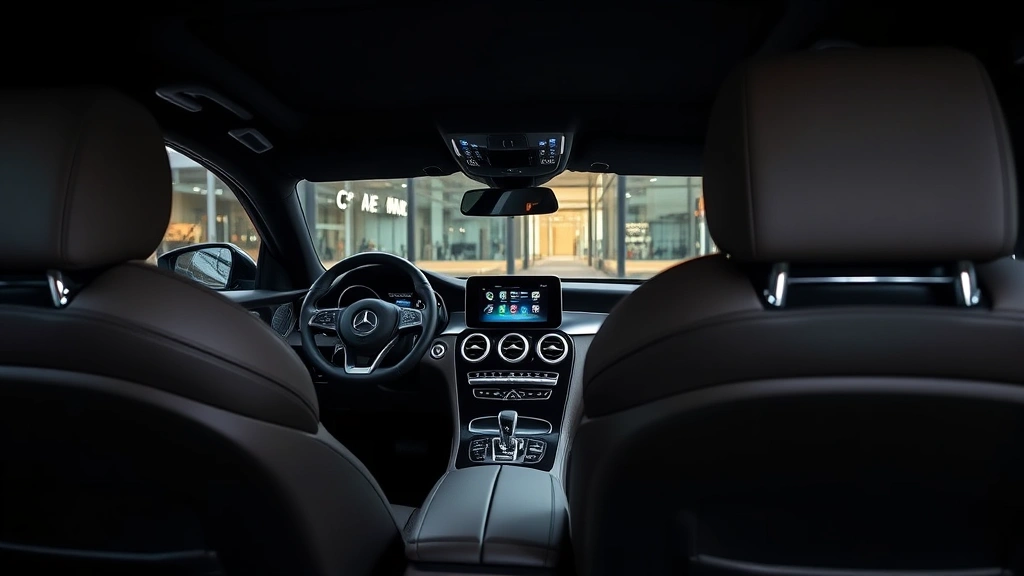 Mercedes-Benz C-Class AMG luxury sedan interior dashboard, premium leather seats, ambient lighting, touchscreen infotainment visible, sophisticated cabin ambiance, executive automotive photography