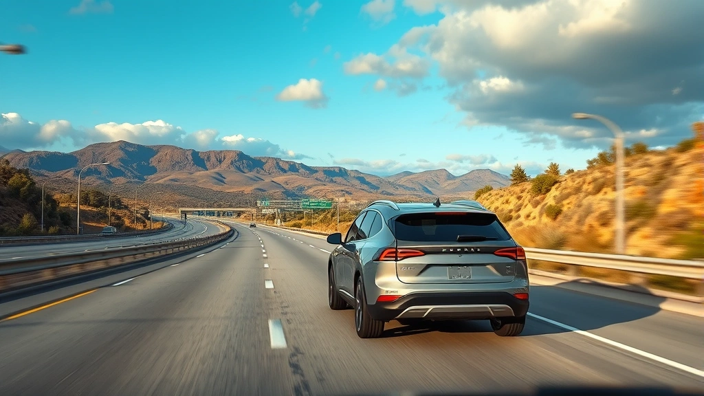 Highway driving scene with modern electric SUV on interstate, scenic landscape background, realistic driving conditions, professional automotive photography