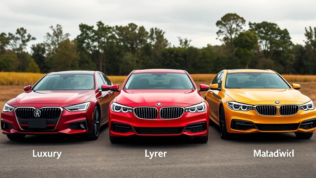Three sedans lined up side by side outdoor setting, representing different segments from luxury to mainstream, diverse color palette, professional automotive photography
