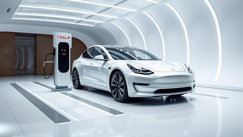 Modern Tesla Model 3 electric vehicle charging at futuristic station, minimalist design, contemporary automotive technology, clean composition, professional commercial photography