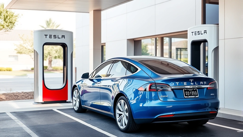 Metallic blue electric sedan charging at modern Tesla Supercharger station with contemporary architecture, natural daylight, no visible text or signage on vehicles