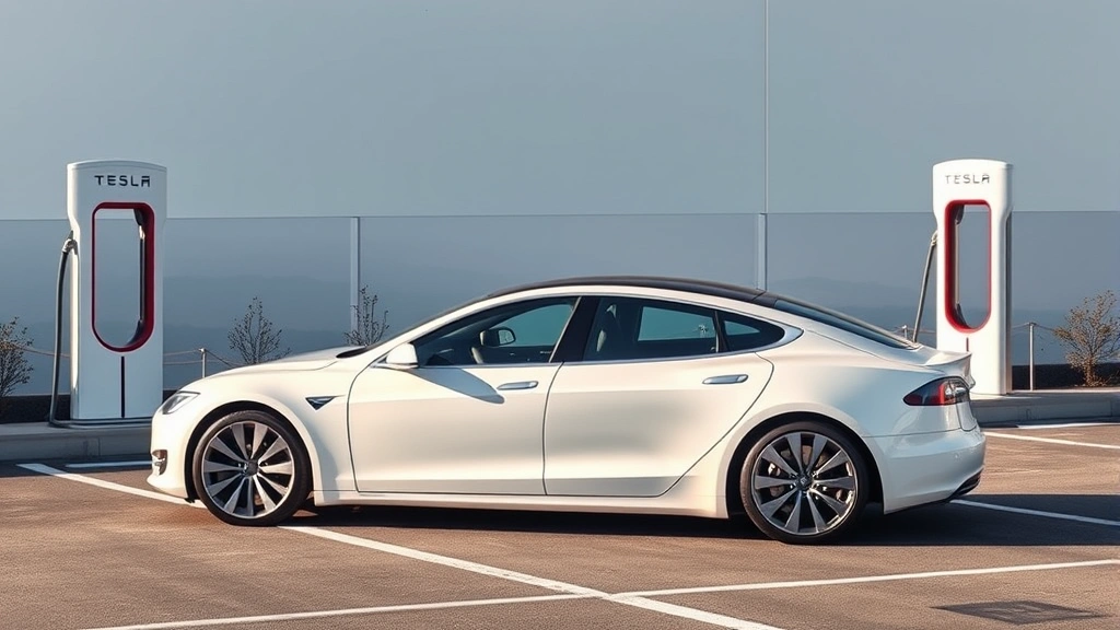 Tesla Model S electric sedan in pearl white multi-coat finish on charging station lot with modern minimalist surroundings, clean automotive photography aesthetic
