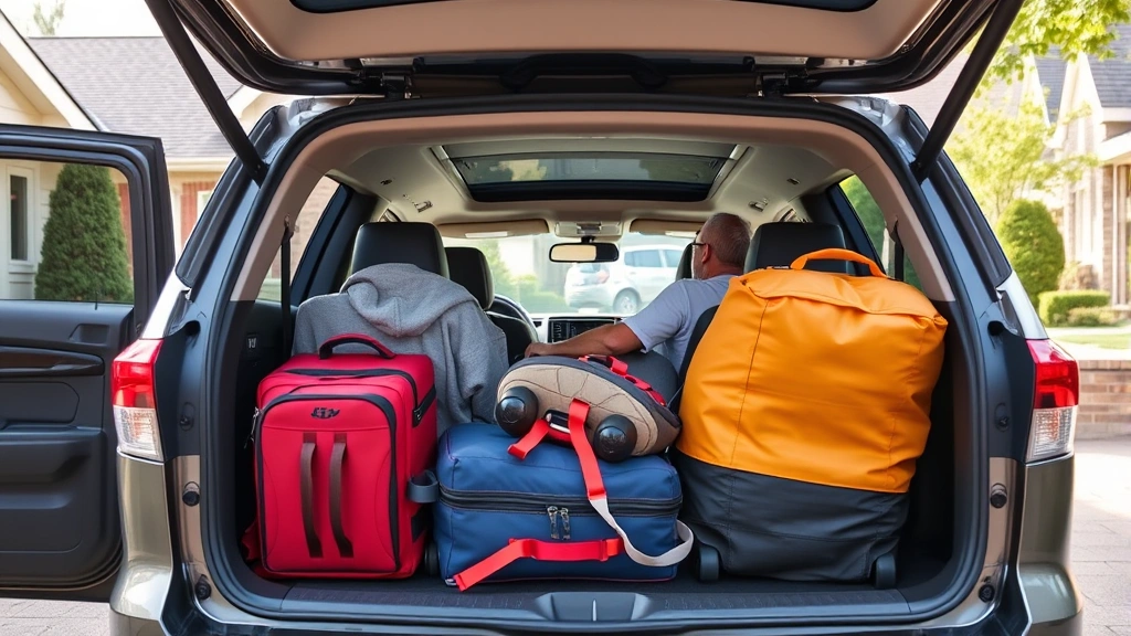 Family three-row SUV loaded with luggage and sports equipment, suburban driveway setting, natural daylight, spacious interior visible