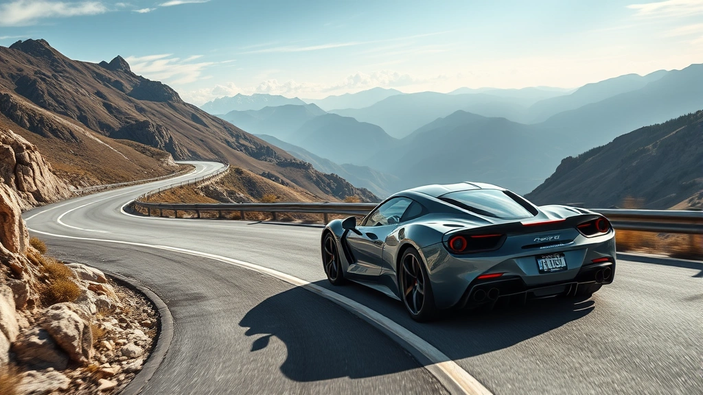 High-performance sports car on mountain road with dramatic curves and scenic overlook, showcasing handling capability and design