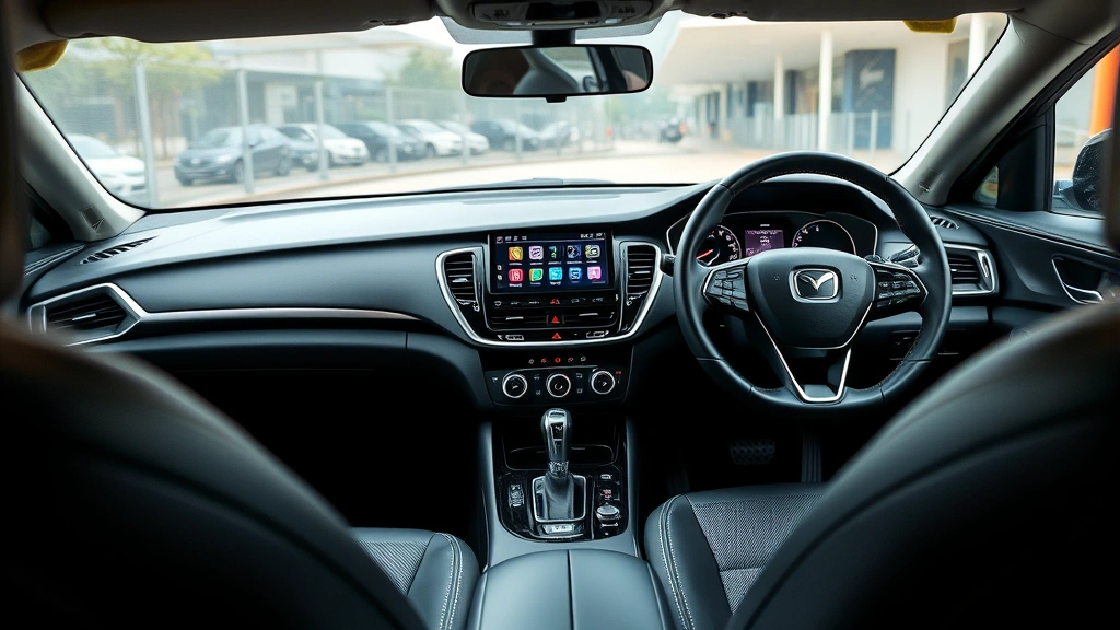 Close-up interior cabin photography of a modern sedan dashboard and steering wheel, highlighting touchscreen display, premium materials, and ergonomic design without visible text
