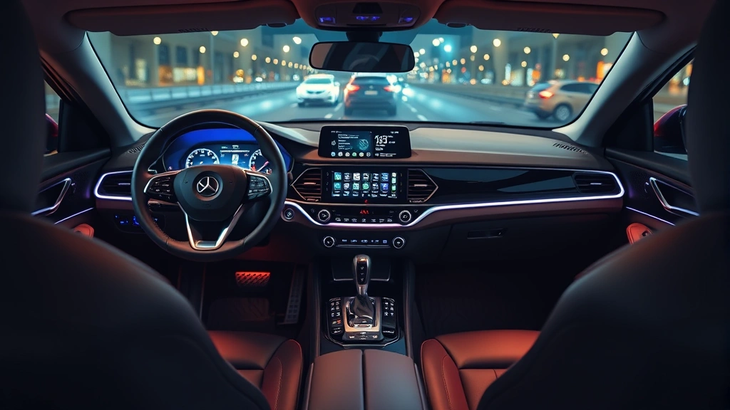 Interior cockpit view of luxury sedan dashboard showing modern digital display, steering wheel, ambient lighting, premium leather seats, sophisticated automotive cabin design