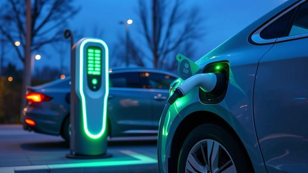 Electric vehicle charging at modern charging station with green energy indicator lights, representing sustainable transportation technology