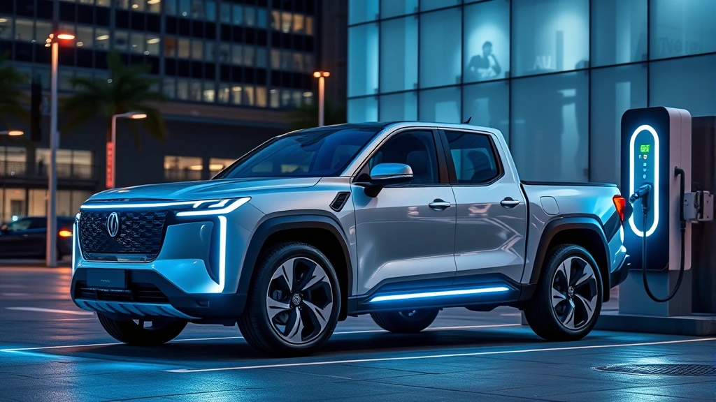 Modern electric pickup truck at charging station with futuristic design, LED lighting elements illuminated, contemporary urban setting in background