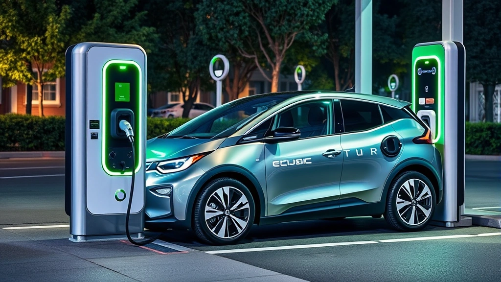 Electric vehicle charging at public charging station, sleek EV design prominent, modern charging infrastructure and clean energy theme emphasized