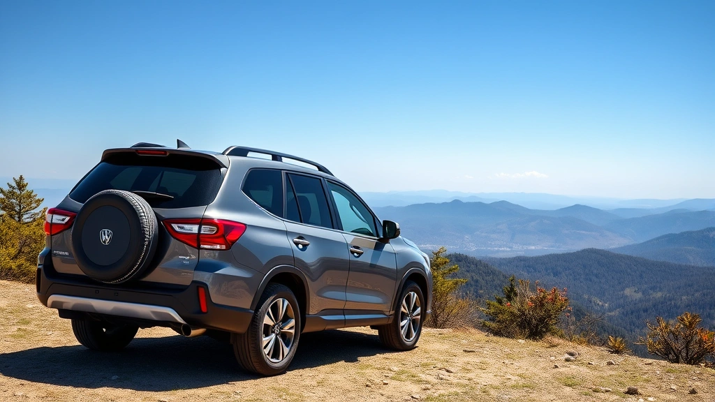 Family SUV parked on scenic mountain overlook, clear weather, natural landscape background, professional automotive photography, daytime lighting, vehicle in sharp focus