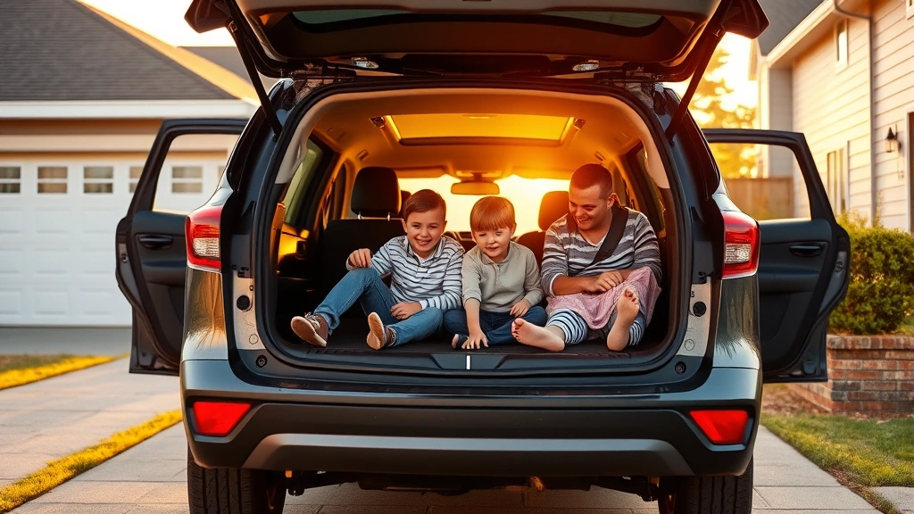 Family crossover SUV parked in residential driveway with open cargo area displaying interior space and practical design, photographed during golden hour with warm natural lighting