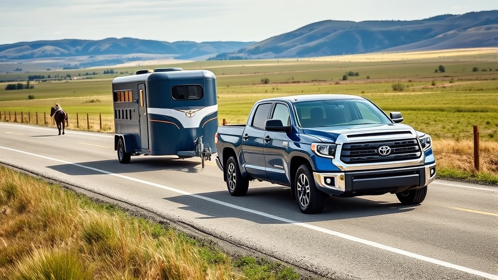 Toyota Tundra hybrid truck in blue towing horse trailer on rural highway, practical ownership scenario, natural daylight, open landscape background