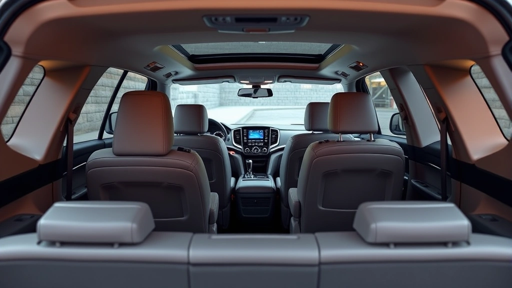 Honda Pilot three-row SUV family vehicle in silver exterior, interior view showing spacious seven-passenger seating configuration with third-row accessibility, warm ambient cabin lighting, modern infotainment dashboard