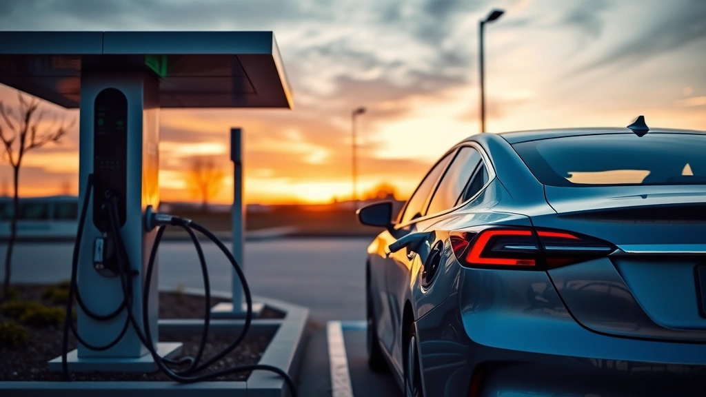 Electric sedan charging at modern charging station during sunset with charging cable connected, demonstrating contemporary sustainable transportation infrastructure